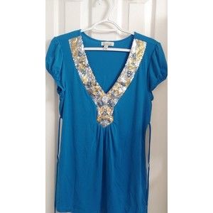 3/$15 Ladies Deep V-neck Blouse with Silver and Gold Sequin Neckline Trim Size L